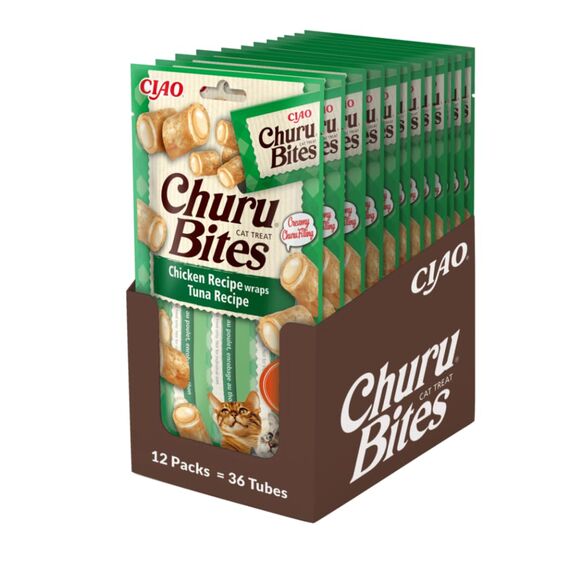 INABA Churu Bites mit 40% Hühnerfleisch und 33% Thunfisch Katzen Leckerlies, Getreidefrei, Zuckerfrei, Keine Nebenerzeugnisse Katzensnacks, Perfekt zum Verstecken von Tablette 30 g (12er Pack)