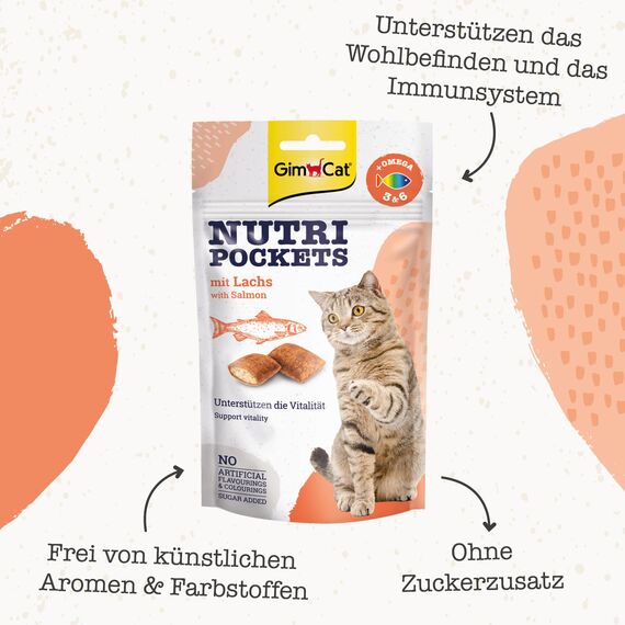 GimCat Nutri Pockets mit Lachs - Knuspriger Katzensnack mit cremiger Füllung und funktionalen Inhaltsstoffen - 1 Beutel (1 x 60 g)