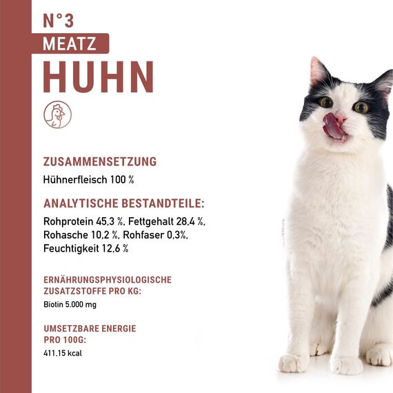 catz finefood Meatz Katzen Leckerlies Huhn N° 3 - knusprige Fleischstreifen, gegrilltes Hühnerfleisch mit Biotin für gänzendes Fell - Katzensnack ohne Zucker, getreidefrei, 45g