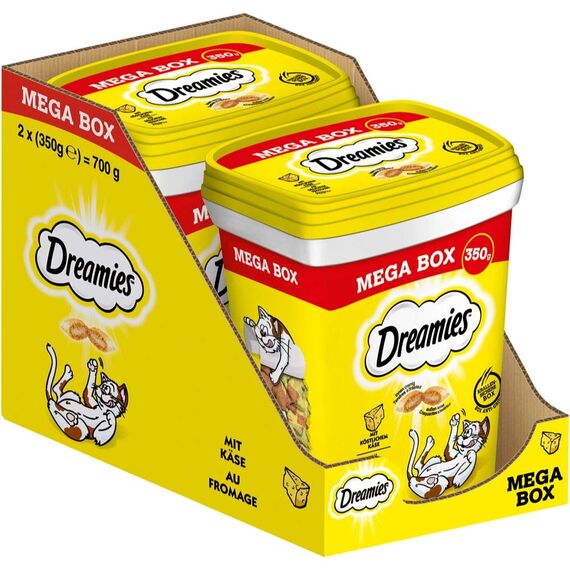 DREAMIES Katzensnacks - 2x350g - mit Käse - Traumhaft knusprige Katzen Leckerlies mit zarter Füllung - Mega Box