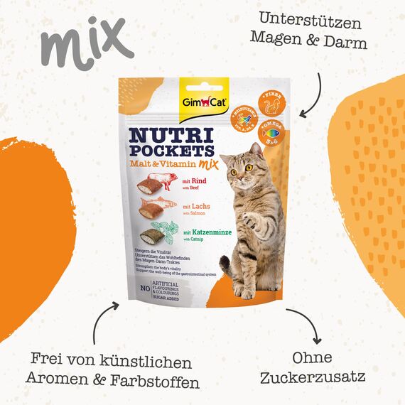 GimCat Nutri Pockets Malt & Vitamin Mix - Knuspriger Katzensnack mit cremiger Füllung und funktionalen Inhaltsstoffen - 1 Beutel (1 x 150 g)