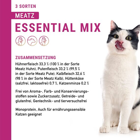 catz finefood Meatz Katzen Leckerlies Essential Mix - knusprige Streifen aus den beliebtesten Fleischsorten - Katzensnack für Allergiker ohne Zucker, getreidefrei (1 x 45 g) (Packung mit 2)