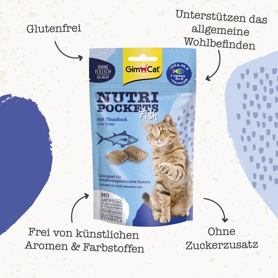 GimCat Nutri Pockets Fisch Thunfisch - Knuspriger Katzensnack mit funktionalen Inhaltsstoffen - 1 Beutel (1 x 60 g)