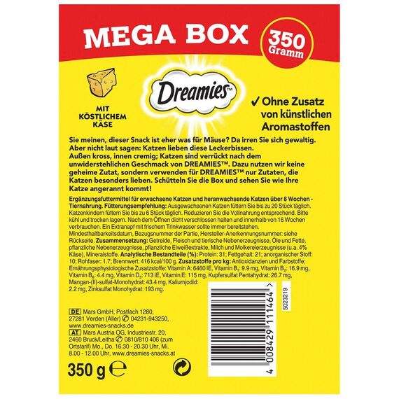DREAMIES Katzensnacks - 2x350g - mit Käse - Traumhaft knusprige Katzen Leckerlies mit zarter Füllung - Mega Box