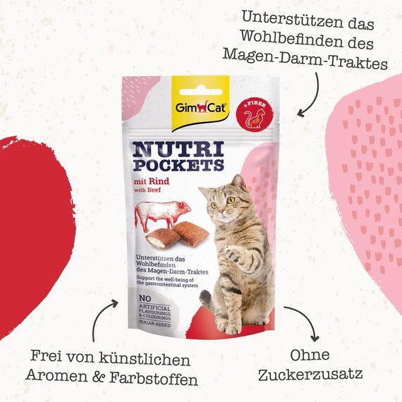 GimCat Nutri Pockets mit Rind - Knuspriger Katzensnack mit cremiger Füllung und funktionalen Inhaltsstoffen - 1 Beutel (1 x 60 g)