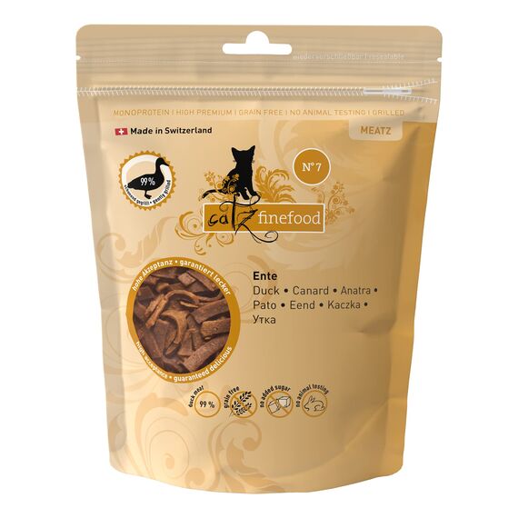 catz finefood Meatz Katzen Leckerlies Ente N° 7 - knusprig gegrillte Streifen aus Entenfleisch - mit Aloe Vera für die Darmflora - Katzensnack ohne Zucker, getreidefrei, 45g