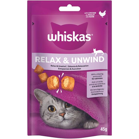 Whiskas Relax & Unwind Katzensnacks im Portionsbeutel für ausgewachsene Katzen mit Huhn 8x45g