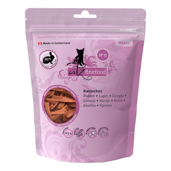 catz finefood Meatz Katzen Leckerlies Kaninchen N° 11 - knusprige Streifen aus Kaninchenfleisch - gegrillt und getrocknet - Katzensnack ohne Zucker, getreidefrei, 45g