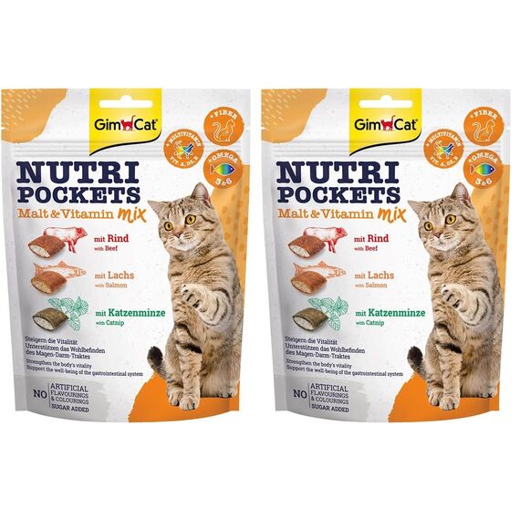 GimCat Nutri Pockets Malt & Vitamin Mix - Knuspriger Katzensnack mit cremiger Füllung und funktionalen Inhaltsstoffen - 1 Beutel (1 x 150 g) (Packung mit 2)