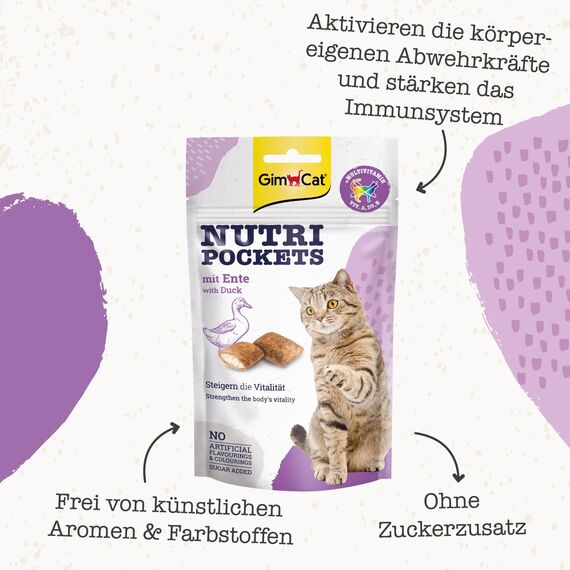 GimCat Nutri Pockets mit Ente - Knuspriger Katzensnack mit cremiger Füllung und funktionalen Inhaltsstoffen - 1 Beutel (1 x 60 g)