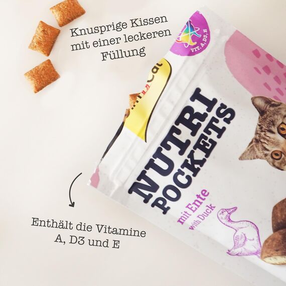 GimCat Nutri Pockets mit Ente - Knuspriger Katzensnack mit cremiger Füllung und funktionalen Inhaltsstoffen - 1 Beutel (1 x 60 g)