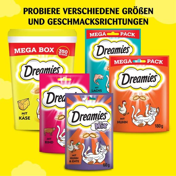DREAMIES Katzensnacks - 2x350g - mit Käse - Traumhaft knusprige Katzen Leckerlies mit zarter Füllung - Mega Box