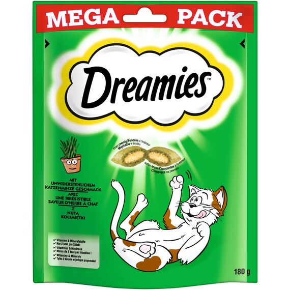 Dreamies Catnip Katzensnacks mit Minze – Traumhaft knusprige Taschen mit zarter Füllung im Mega Pack, 4 x 180g