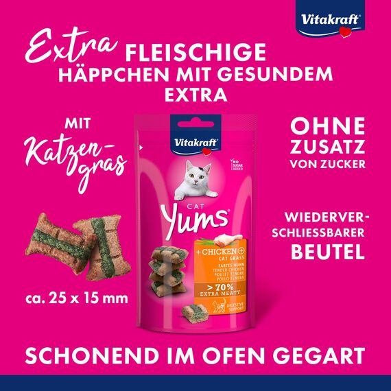 Vitakraft Cat YUMS, Katzen Leckerli, weicher Katzensnack gefüllt mit Huhn und Katzengras, im wiederverschließbaren Beutel, ohne Zusatz von Zucker (1x 40g)