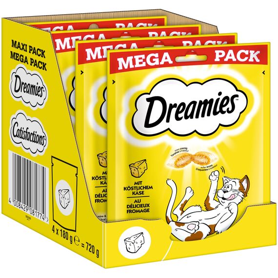 Dreamies Klassiker Katzensnacks mit Käse – Katzenleckerli mit knuspriger Textur und cremiger Füllung – 4 x 180g