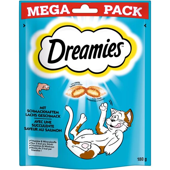 Dreamies Katzensnacks mit Lachsgeschmack, 4er Pack, 4x180g – Außen knusprige & innen cremige Katzenleckerlis