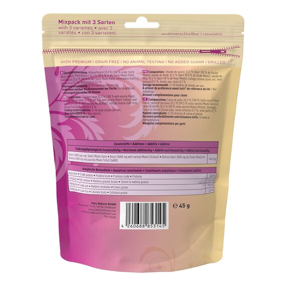 catz finefood Meatz Katzen Leckerlies Essential Mix - knusprige Streifen aus den beliebtesten Fleischsorten - Katzensnack für Allergiker ohne Zucker, getreidefrei (1 x 45 g) (Packung mit 2)