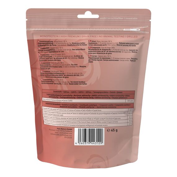 catz finefood Meatz Katzen Leckerlies Huhn N° 3 - knusprige Fleischstreifen, gegrilltes Hühnerfleisch mit Biotin für gänzendes Fell - Katzensnack ohne Zucker, getreidefrei, 45g (Packung mit 2)