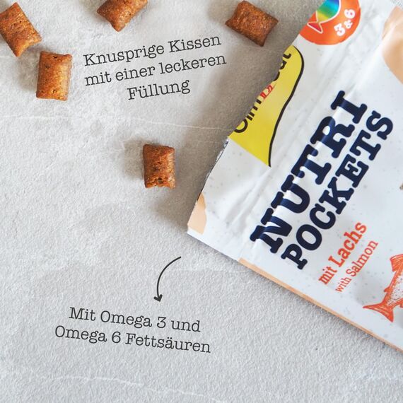 GimCat Nutri Pockets mit Lachs - Knuspriger Katzensnack mit cremiger Füllung und funktionalen Inhaltsstoffen - 1 Beutel (1 x 60 g)