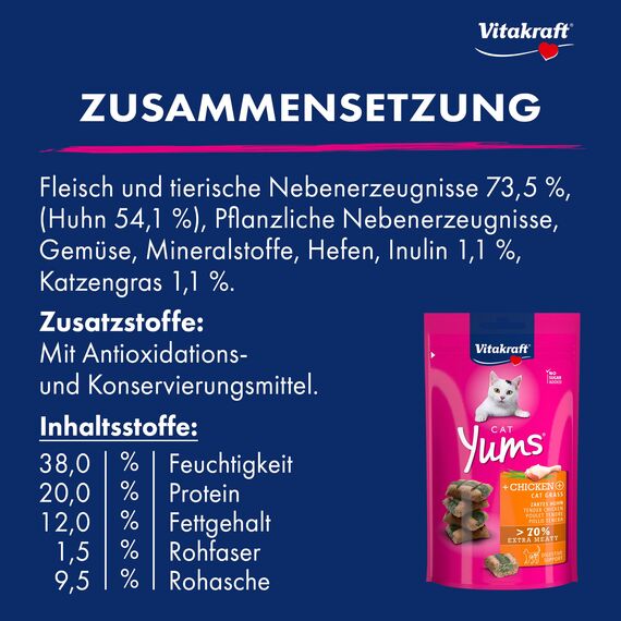 Vitakraft Cat YUMS, Katzen Leckerli, weicher Katzensnack gefüllt mit Huhn und Katzengras, im wiederverschließbaren Beutel, ohne Zusatz von Zucker (1x 40g)