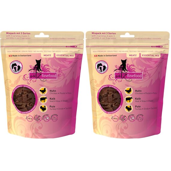 catz finefood Meatz Katzen Leckerlies Essential Mix - knusprige Streifen aus den beliebtesten Fleischsorten - Katzensnack für Allergiker ohne Zucker, getreidefrei (1 x 45 g) (Packung mit 2)