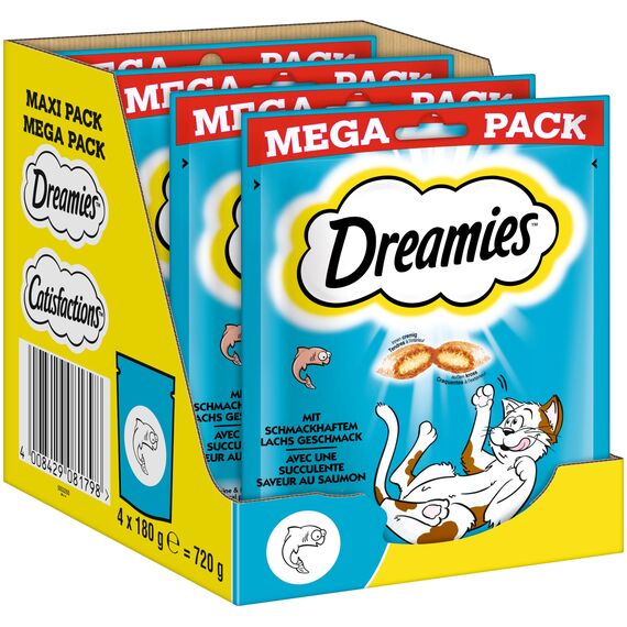 Dreamies Katzensnacks mit Lachsgeschmack, 4er Pack, 4x180g – Außen knusprige & innen cremige Katzenleckerlis