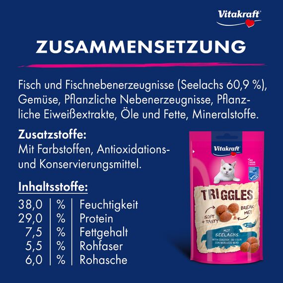 Vitakraft Triggles, Katzensnack, mit Seelachs, Mini-Häppchen zum Verwöhnen, ohne Zusatz von Zucker (1x 40g)