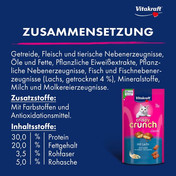 Vitakraft Crispy Crunch Classic, Katzen Leckerli, knuspriger Katzensnack gefüllt mit Lachs, im wiederverschließbaren Beutel, ohne Zusatz von Zucker (1x 60g)