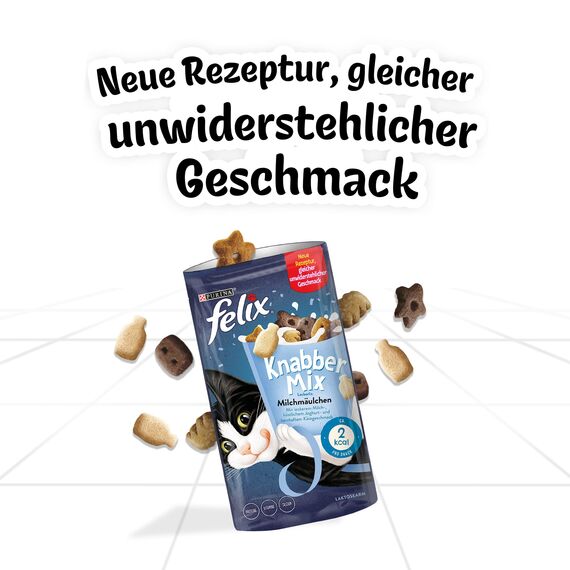 Felix KnabberMix Milchmäulchen Katzensnack, Knusper-Leckerlie Laktosearm, 8er Pack (8 x 60g)