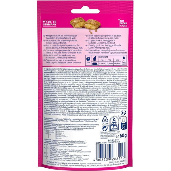Vitakraft Crispy Crunch Classic, Katzen Leckerli, knuspriger Katzensnack gefüllt mit Malz, im wiederverschließbaren Beutel, ohne Zusatz von Zucker (1x 60g)