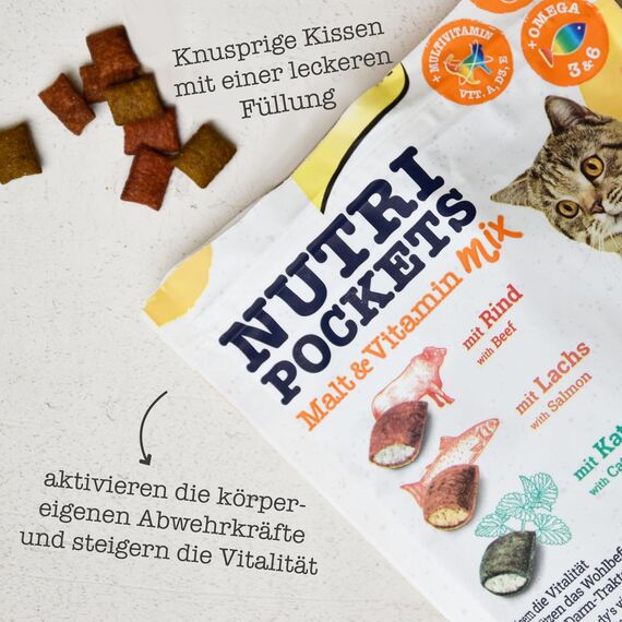 GimCat Nutri Pockets Malt & Vitamin Mix - Knuspriger Katzensnack mit cremiger Füllung und funktionalen Inhaltsstoffen - 1 Beutel (1 x 150 g)