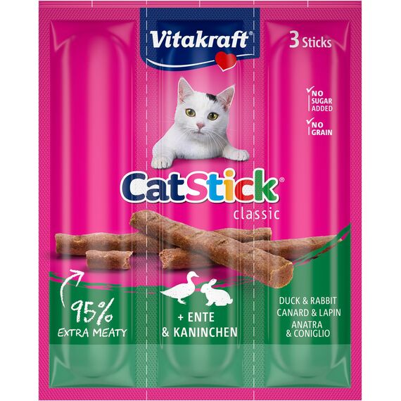 Vitakraft Cat Stick Classic, mit Ente und Kaninchen, Katzensnack, fleischige Mini-Sticks, einzeln verpackt, ohne Zuckerzusatz (3x 6g)