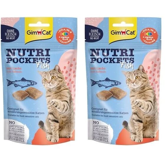 GimCat Nutri Pockets Fisch Lachs - Knuspriger Katzensnack mit funktionalen Inhaltsstoffen - 1 Beutel (1 x 60 g) (Packung mit 2)