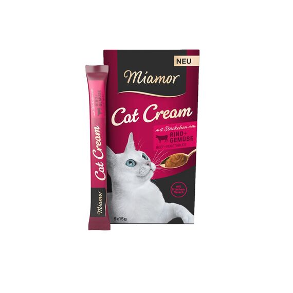 Miamor - Cat Snack (Cream) | Schmackhafter Snack zum Verwöhnen ausgewachsener Katzen. Ergänzungsfutter im Portionsbeutel ohne Zucker und künstliche Zusätze | Inhalt: 11x5x15g Rind + Gemüse-Cream