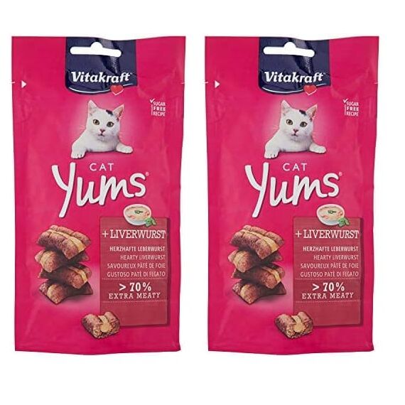 Vitakraft Cat YUMS, Katzensnack, mit herzhafter Leberwurst, extra fleischig, mit sichtbarer Füllung, im wiederverschließbaren Beutel (1x 40g) (Packung mit 2)