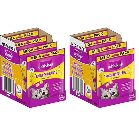 Whiskas Knuspertaschen Katzensnack mit Huhn– & Käsegeschmack, 8er Pack, 4x180g – Katzenleckerlis für Erwachsene Katzen