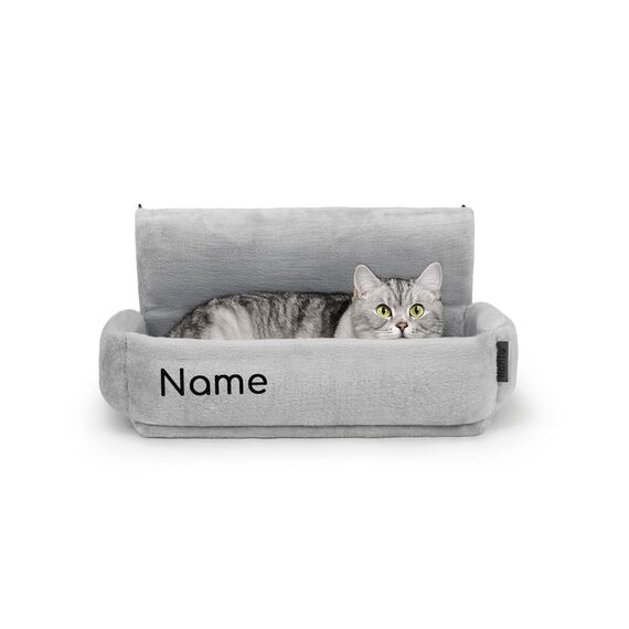lionto Katzenheizungsliege mit kuscheligem Plüschbezug, Katzenbett zum Einhängen mit Metallhaken für alle gängigen Heizungen, waschbare und gemütliche Katzenhängematte, hellgrau (Namensaufdruck)