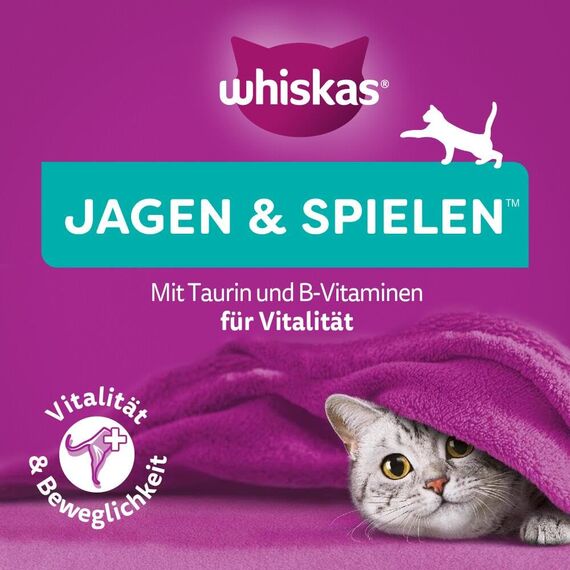 Whiskas Pounce & Play Katzensnacks im Portionsbeutel für ausgewachsene Katzen mit Huhn 8x45g