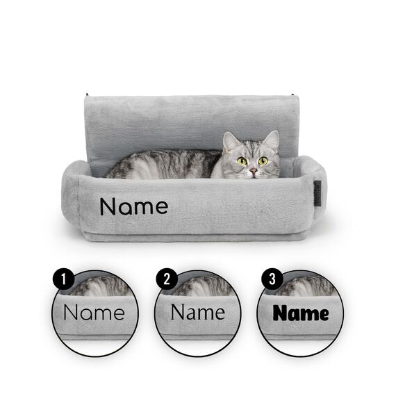 lionto Katzenheizungsliege mit kuscheligem Plüschbezug, Katzenbett zum Einhängen mit Metallhaken für alle gängigen Heizungen, waschbare und gemütliche Katzenhängematte, hellgrau (Namensaufdruck)