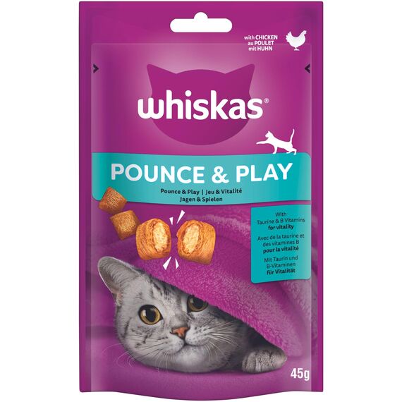 Whiskas Pounce & Play Katzensnacks im Portionsbeutel für ausgewachsene Katzen mit Huhn 8x45g