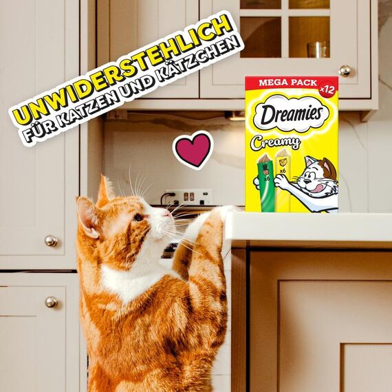 DREAMIES Creamy mit Katzenminze und Käse, 7x12x10g Multipack - Cremige Katzenleckerlis für verwöhnte Katzen