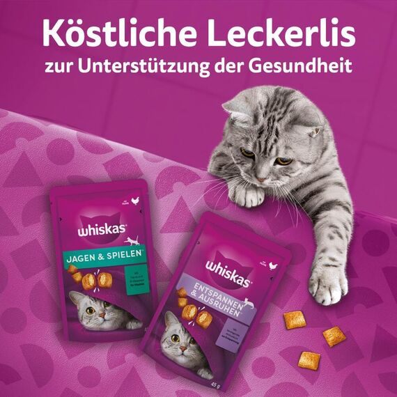 Whiskas Groom & Care Katzensnacks im Portionsbeutel für ausgewachsene Katzen mit Huhn 8x45g