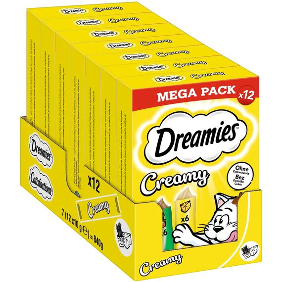 DREAMIES Creamy mit Katzenminze und Käse, 7x12x10g Multipack - Cremige Katzenleckerlis für verwöhnte Katzen