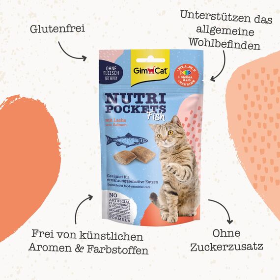 GimCat Nutri Pockets Fisch Lachs - Knuspriger Katzensnack mit funktionalen Inhaltsstoffen - 1 Beutel (1 x 60 g)