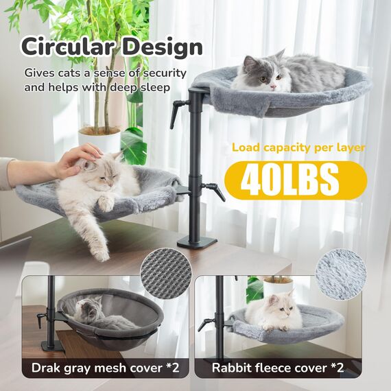 CATISM 2 Katzenbett für Schreibtisch - 360° drehbar & höhenverstellbar katzenkorb, Katzenhängematte mit 4 waschbaren Bezügen Katzenschlafplatz für Homeoffice (Grau) bis 40 LBS