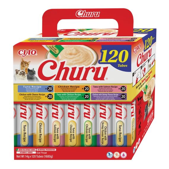 INABA Churu Katzenleckerlis Creamy Snack, Variety Box mit Huhn & Thunfisch, Keine Nebenerzeugnisse, Getreidefrei, Zuckerfrei, Kalorienarm, Fleisch, Premium Katzen Leckerlies 14 g x 120