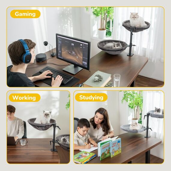 CATISM 2 Katzenbett für Schreibtisch - 360° drehbar & höhenverstellbar katzenkorb, Katzenhängematte mit 4 waschbaren Bezügen Katzenschlafplatz für Homeoffice (Grau) bis 40 LBS