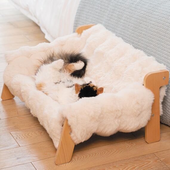 CheerPals Erhöhtes Katzenbett aus Buchenholz, 70x47cm Großes Katzensofa, Katzenstuhl mit Abnehmbarem Waschbar Plüschdecke (Baumwoll-Füllung), Belastbar mit 15 kg, zum Schlafen für Alle Katze