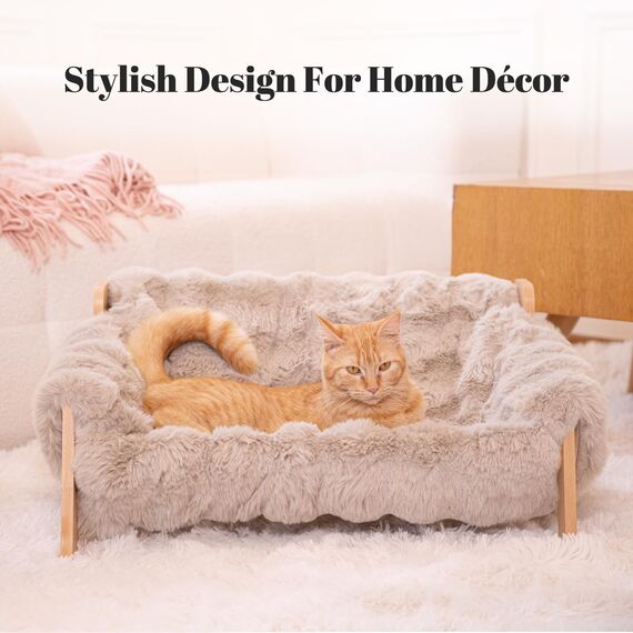 Cheerpals Katzenhängematte Katzenbett für Große Katzen - Freistehende Katzenliege aus Buchenholz gegen Umkippen - Waschbarer Schlafplatz für Indoor & Fenster - 70x47x30 cm, Weiß/Grau/Khaki