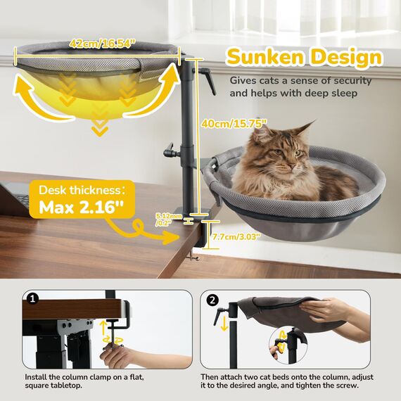CATISM 2 Katzenbett für Schreibtisch - 360° drehbar & höhenverstellbar katzenkorb, Katzenhängematte mit 4 waschbaren Bezügen Katzenschlafplatz für Homeoffice (Grau) bis 40 LBS